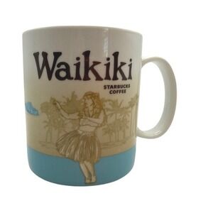 Starbucks Waikiki Hawaii Coffee Mug 2011 Hula Dancer Diamond Head 16oz Blue